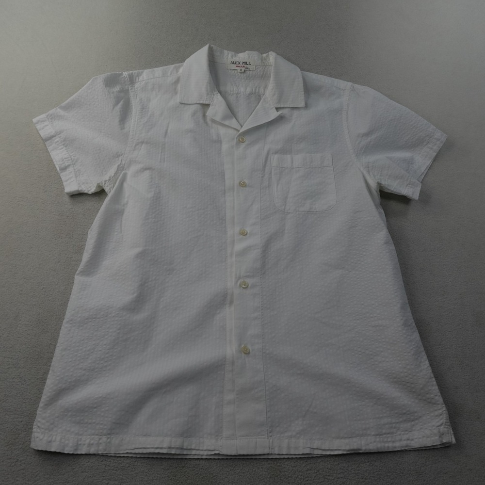 Alex Mill Men's Medium White Seersucker 100% Cotton Camp Collar Short Sleeve Shi
